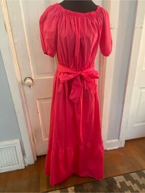 Off-Shoulder Maxi Dress with Self Tie in Bright Pink